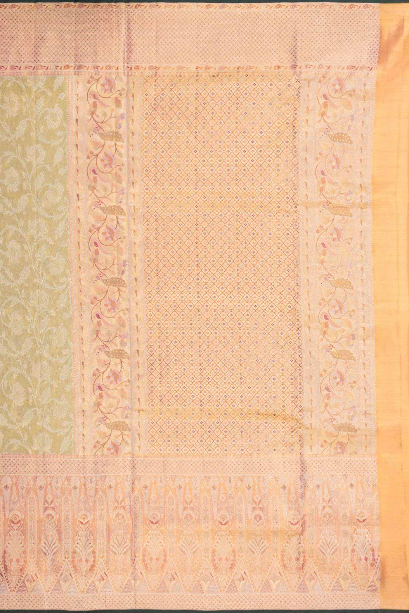 Close up image of the pallu of Light Green Dual Tone Kanchipuram Tissue Silk Saree with Zari Brocade on the body and Zari Border