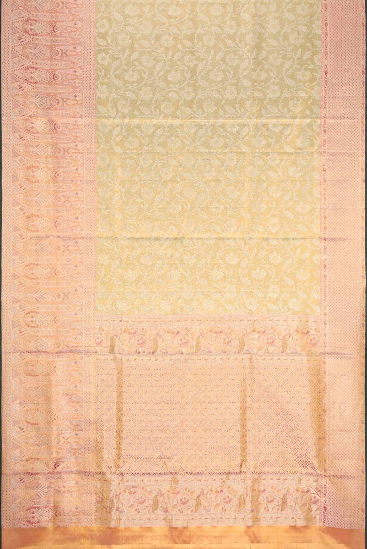 Flat view of Light Green Dual Tone Kanchipuram Tissue Silk Saree with Zari Brocade on the body and Zari Border