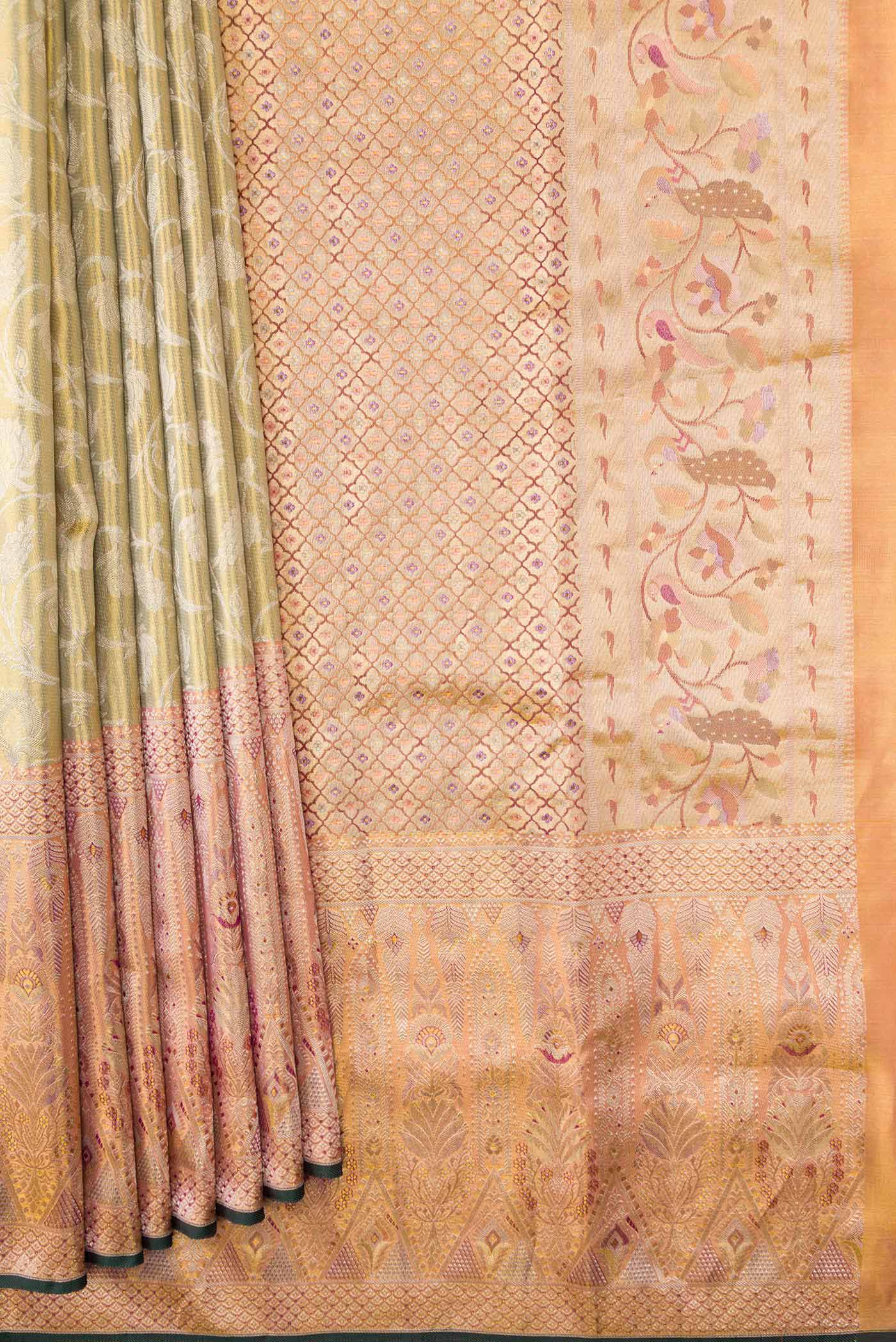 Pleats and pallu of Light Green Dual Tone Kanchipuram Tissue Silk Saree with Zari Brocade on the body and Zari Border