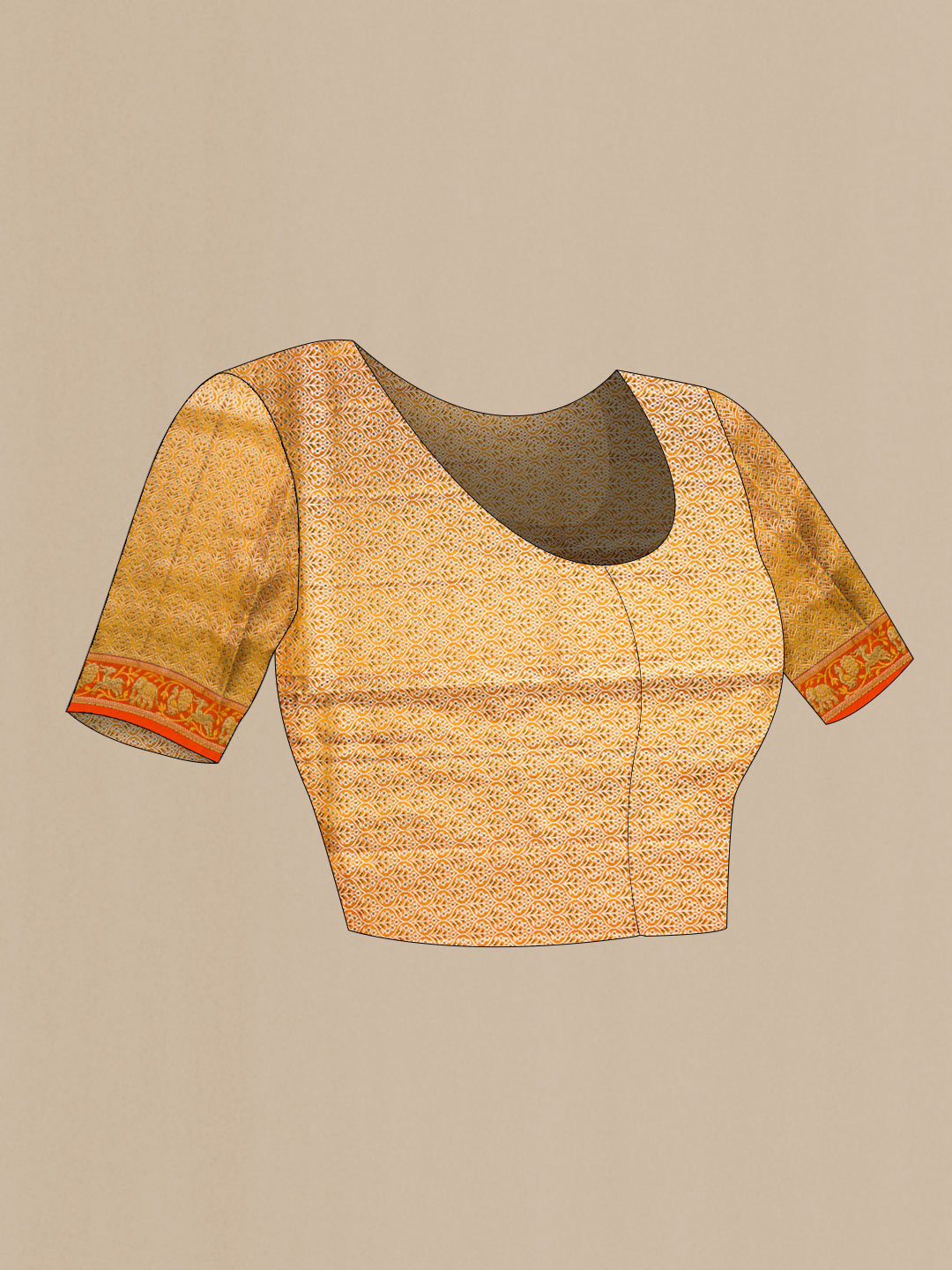 Close up image of the blouse of Parrot Green Dual Tone Kanchipuram Tissue Silk Saree with Zari Brocade on the body and Zari Border