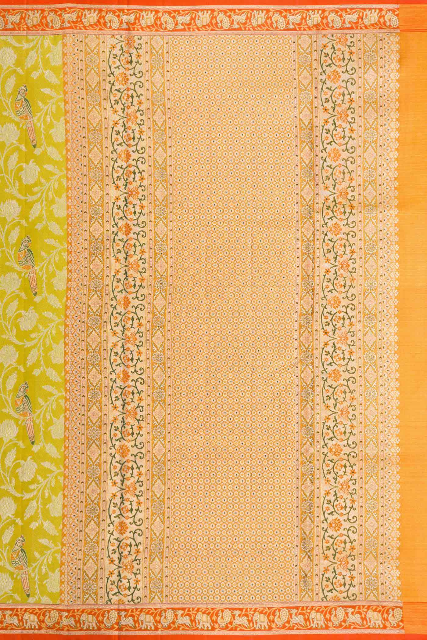 Close up image of the pallu of Parrot Green Dual Tone Kanchipuram Tissue Silk Saree with Zari Brocade on the body and Zari Border