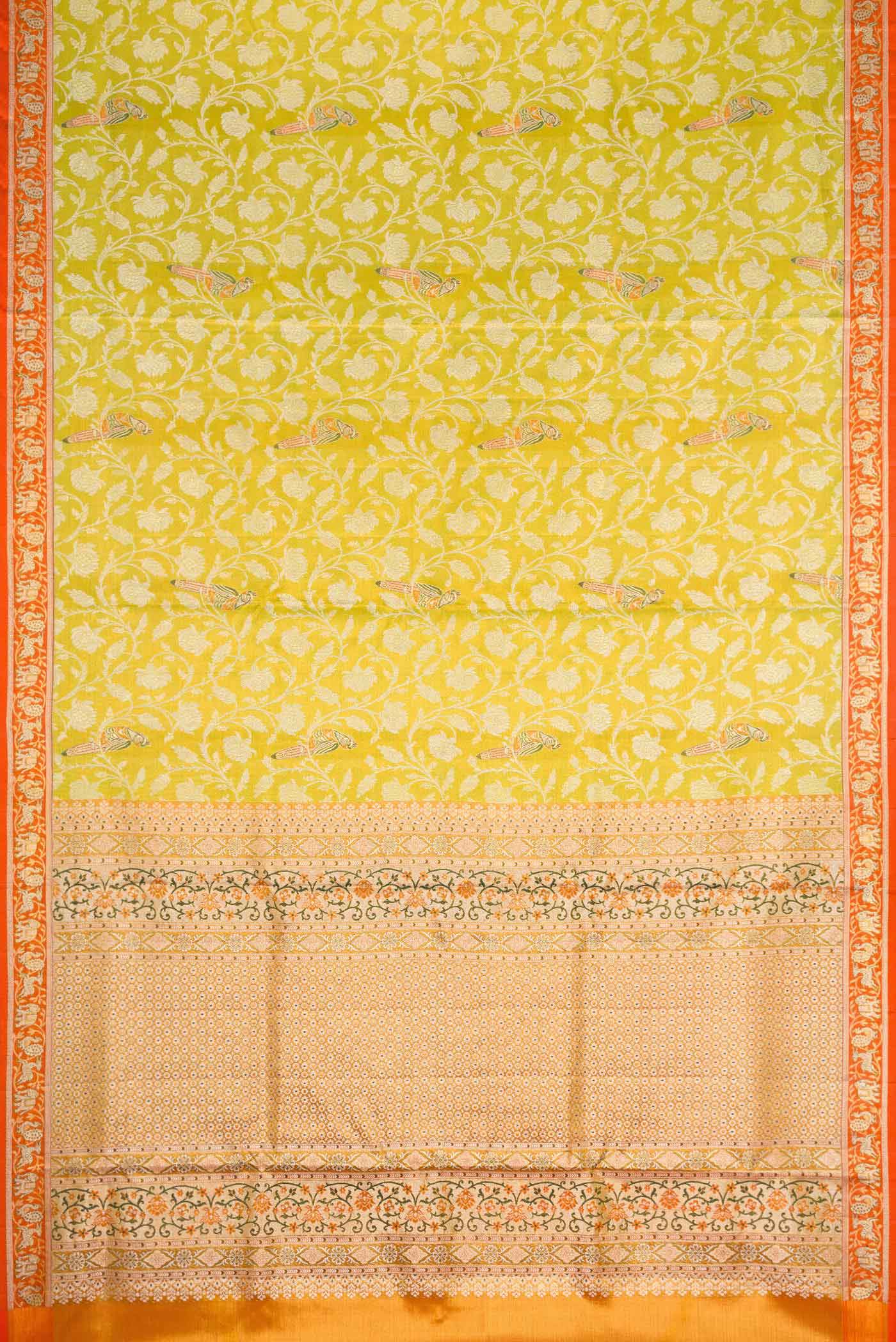 Flat view of Parrot Green Dual Tone Kanchipuram Tissue Silk Saree with Zari Brocade on the body and Zari Border