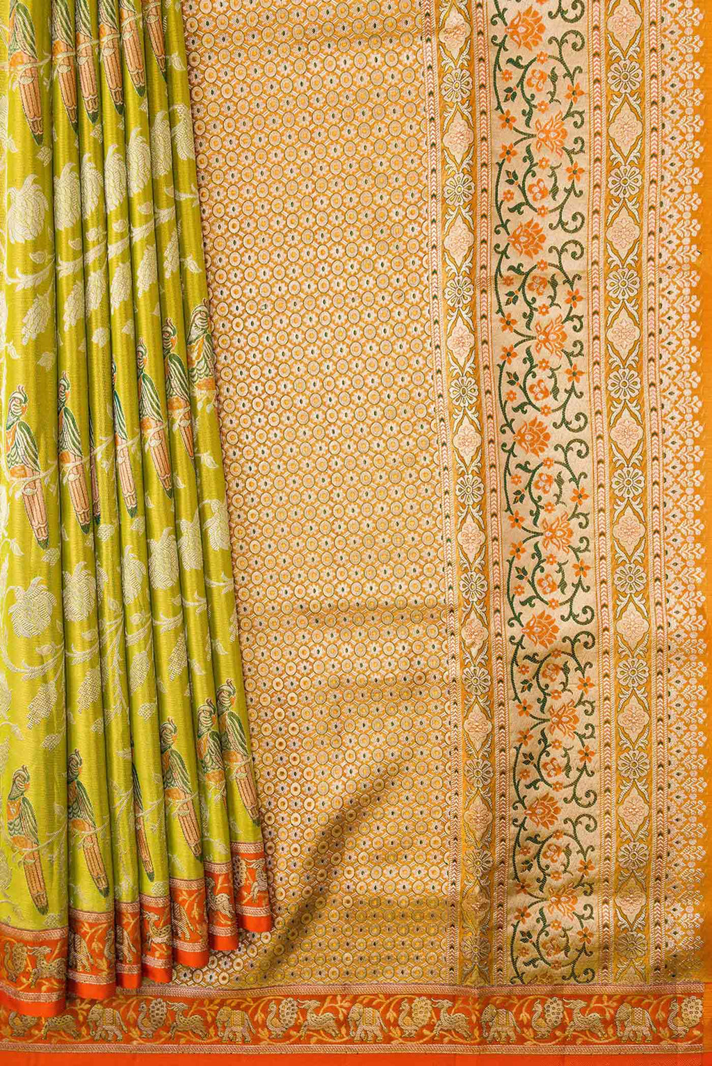 Pleats and pallu of Parrot Green Dual Tone Kanchipuram Tissue Silk Saree with Zari Brocade on the body and Zari Border