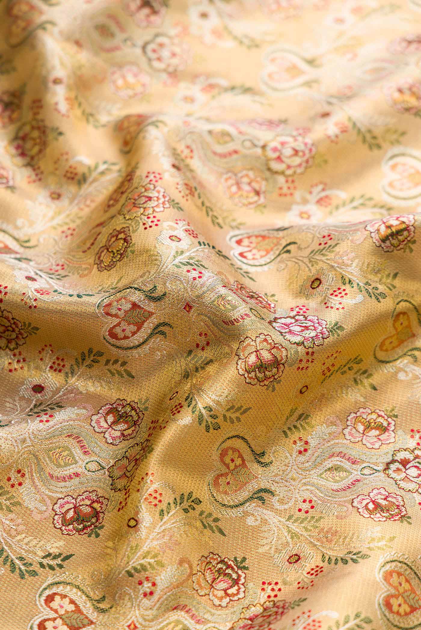 Close up of Gold Dual Tone Kanchipuram Tissue Silk Saree with Zari Brocade on the body and Zari Border displaying folds