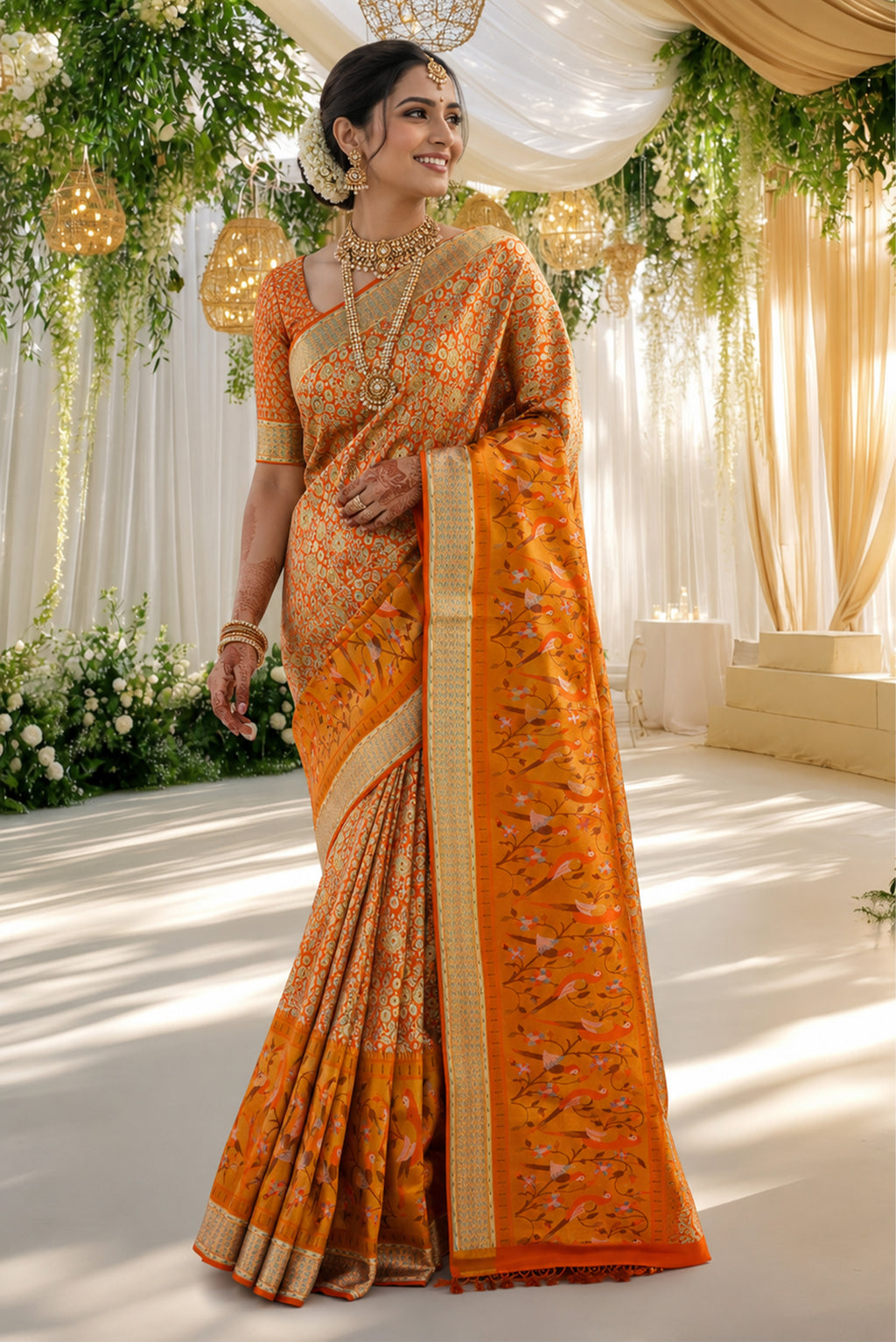 Model wearing a Orange Dual Tone Kanchipuram Tissue Silk Saree with Zari Brocade on the body and Zari Border.