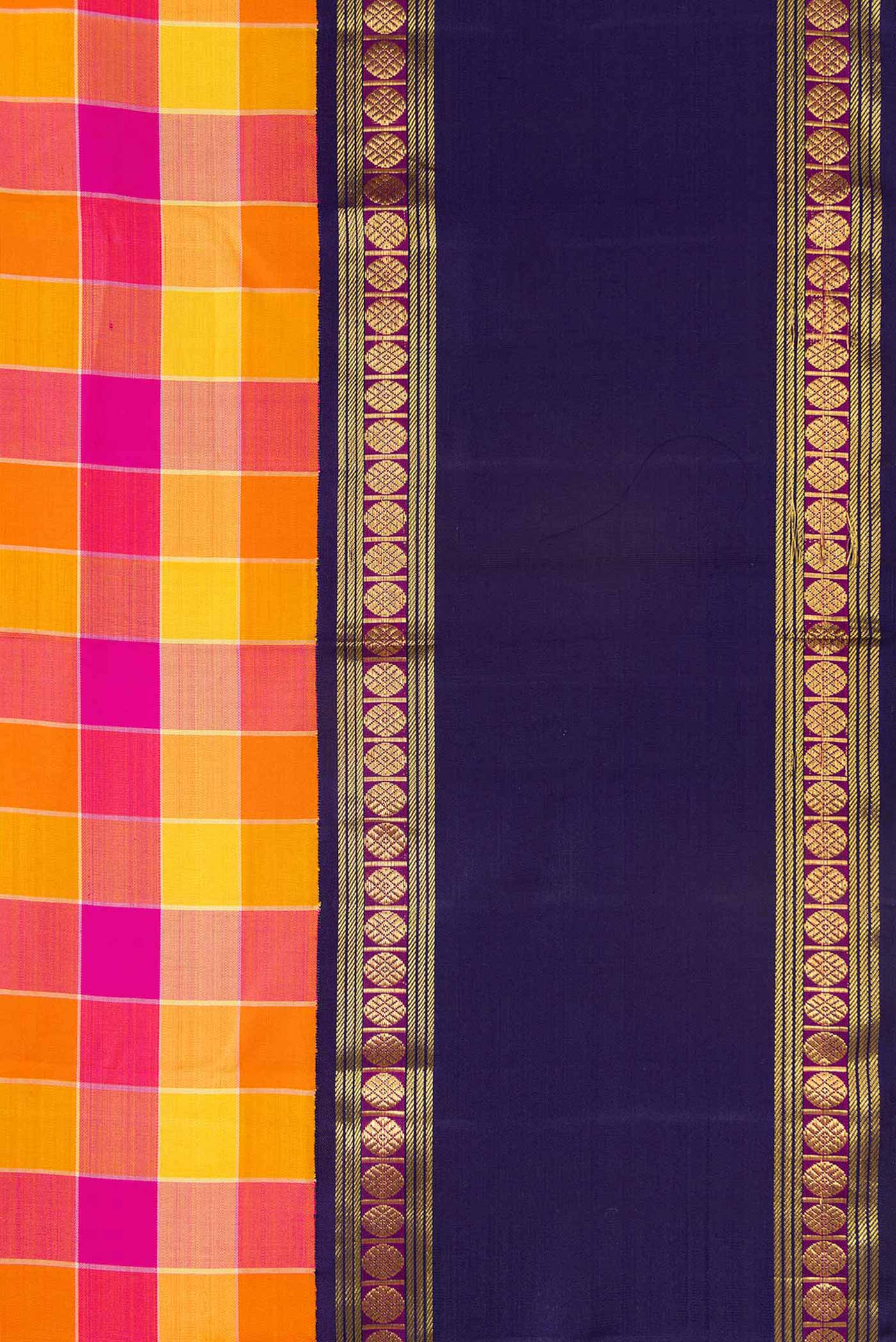 Border image of Orange, Pink and Mustard Color Kanjivaram Silk Saree with Checked design on the body and Zari Border. 