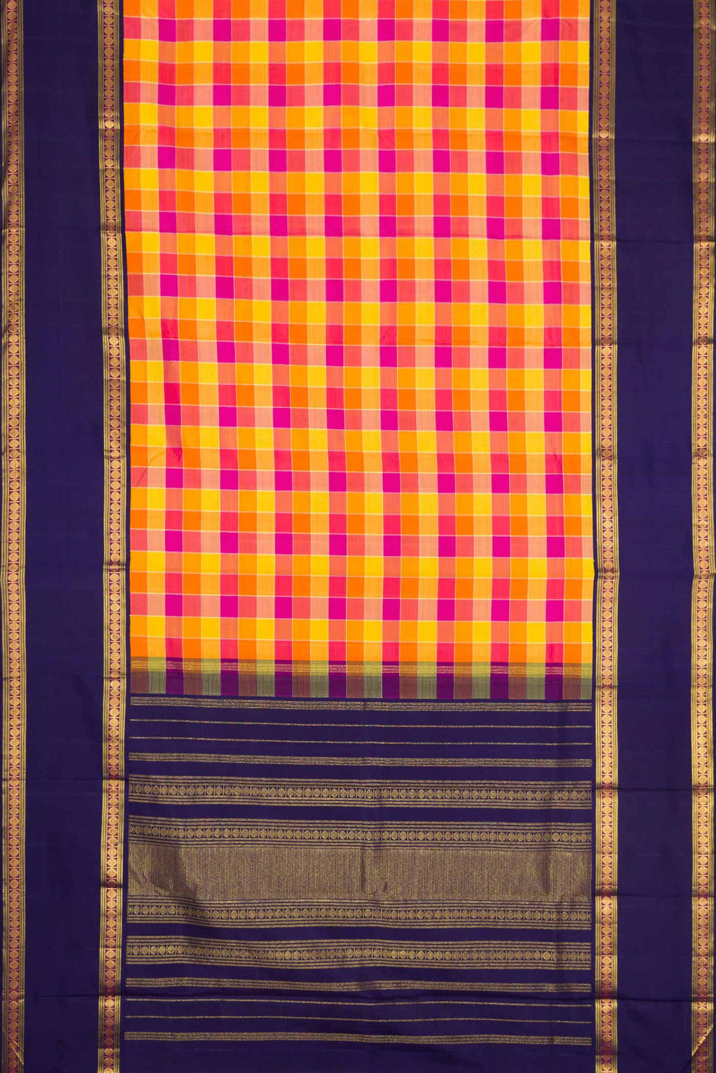 Flat view of Orange, Pink and Mustard Color Kanjivaram Silk Saree with Checked design on the body and Zari Border. 