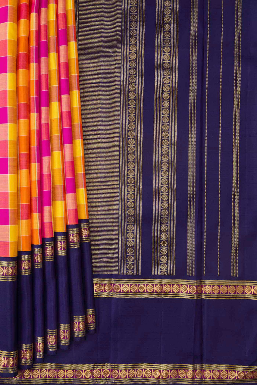 Pleats and pallu of Orange, Pink and Mustard Color Kanjivaram Silk Saree with Checked design on the body and Zari Border. 