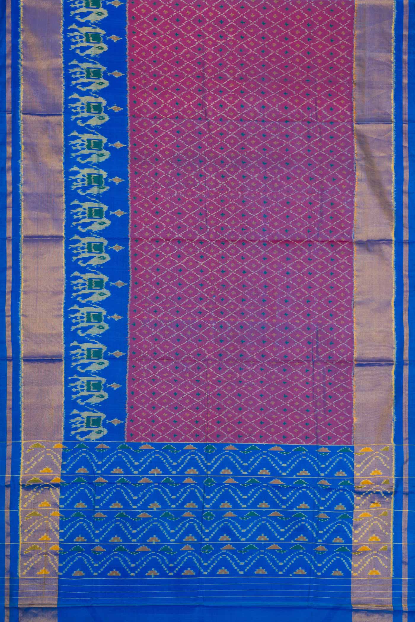 Flat view of Purple Dual Tone Double Ikat Saree with Ikat Print on the body and Zari Border. 