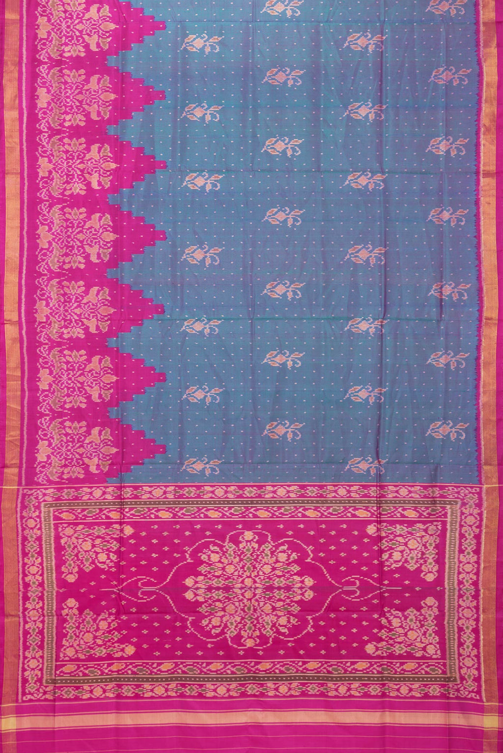 Flat view of Peacock Blue Dual Tone Double Ikat Saree with Ikat Print on the body and Ikat Border. 