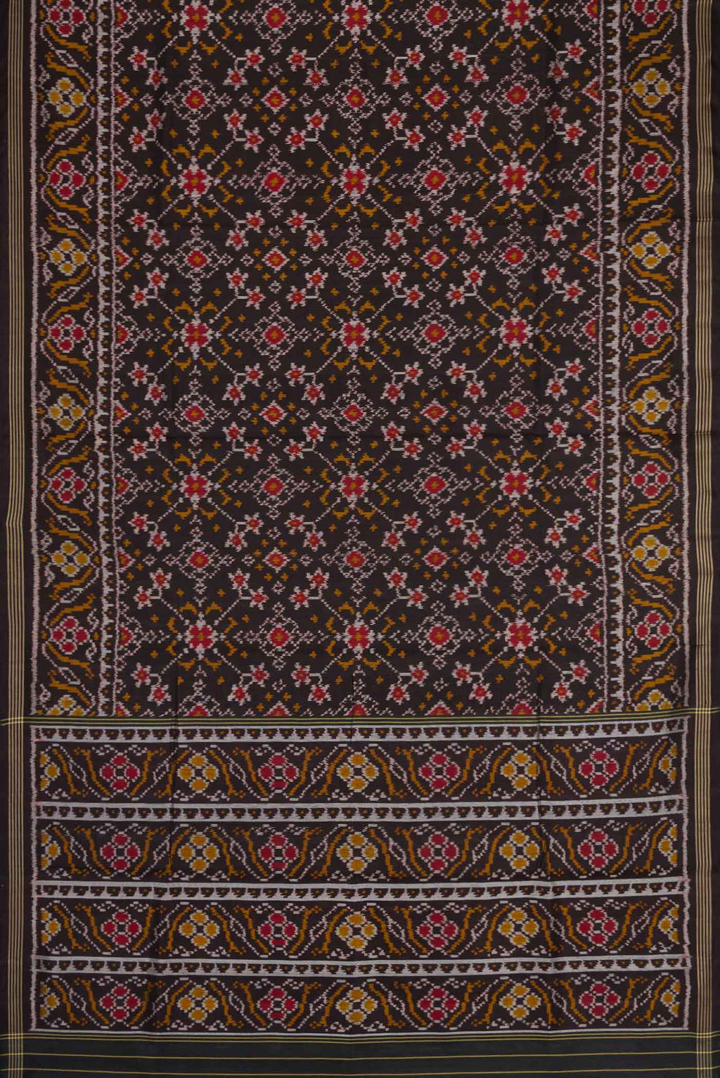 Flat view of Black Dual Tone Rajkot Patola Silk Saree with Ikat Print on the body and Zari Border. 