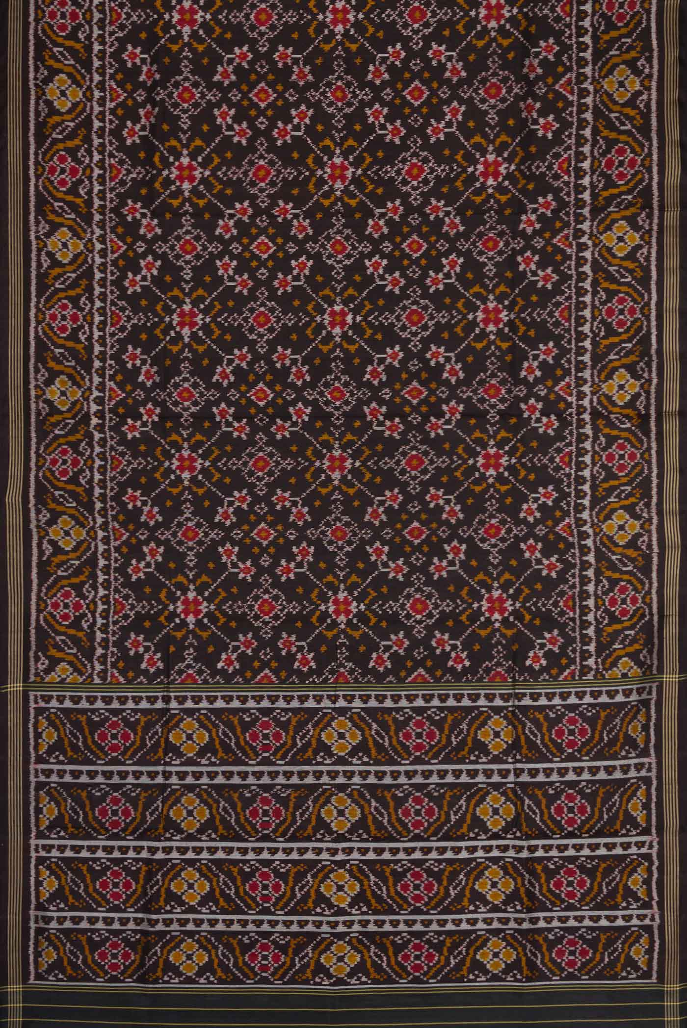 Flat view of Black Dual Tone Rajkot Patola Silk Saree with Ikat Print on the body and Zari Border. 