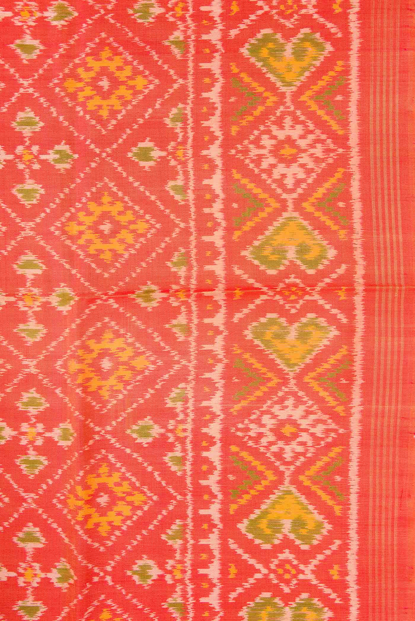 Border image of Orange Dual Tone Rajkot Patola Silk Saree with Ikat Print on the body and Zari Border. 