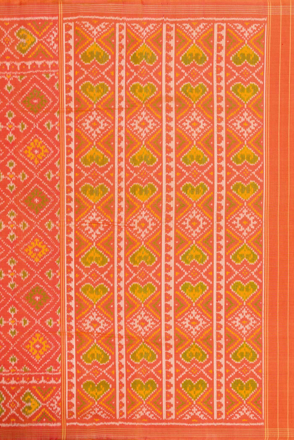 Close up image of the pallu of Orange Dual Tone Rajkot Patola Silk Saree with Ikat Print on the body and Zari Border. 