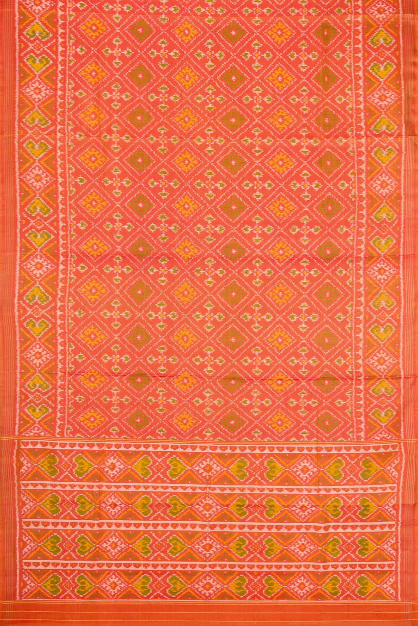 Flat view of Orange Dual Tone Rajkot Patola Silk Saree with Ikat Print on the body and Zari Border. 