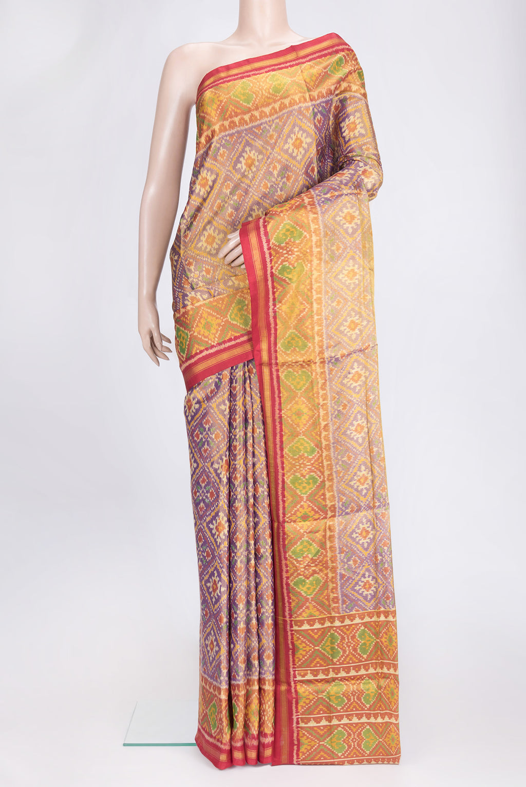 Lavender Dual Tone Double Ikat Saree with Ikat Print on the body and Zari Border.  displayed on a mannequin