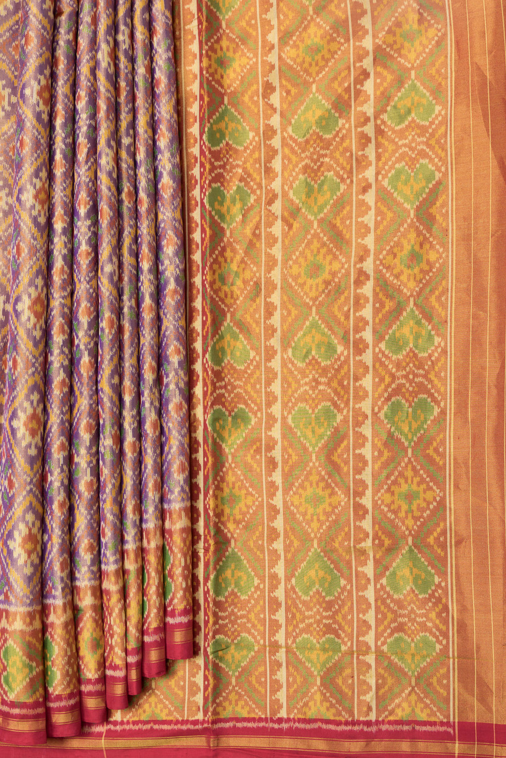 Pleats and pallu of Lavender Dual Tone Double Ikat Saree with Ikat Print on the body and Zari Border. 