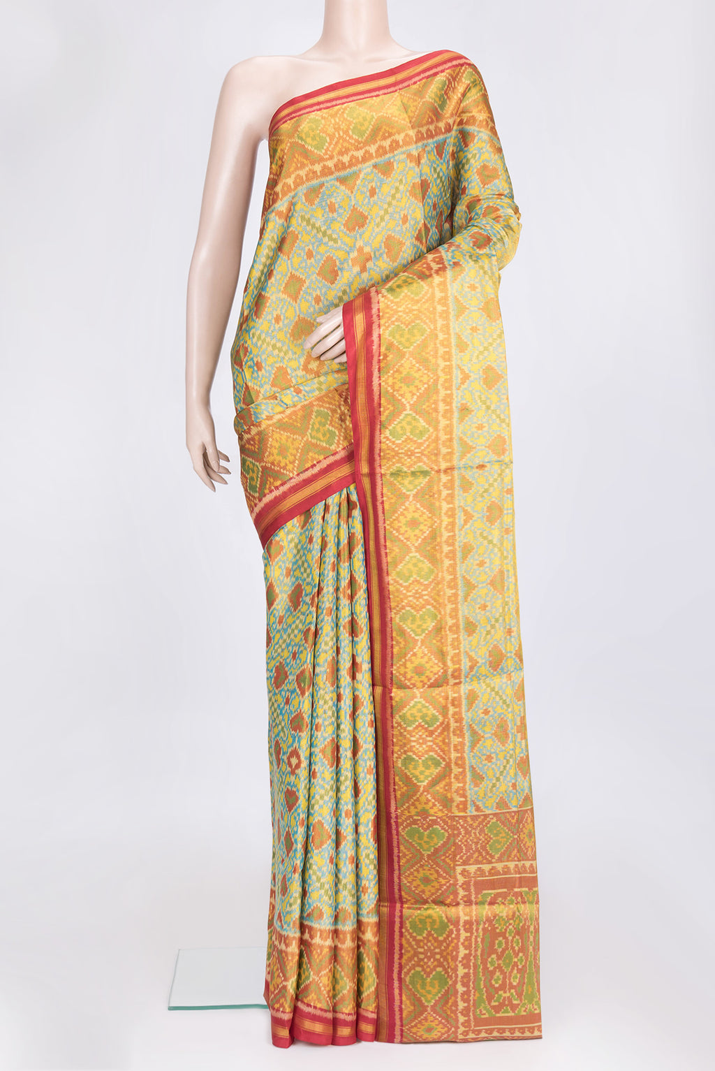 Sky Blue Dual Tone Double Ikat Saree with Ikat Print on the body and Zari Border.  displayed on a mannequin