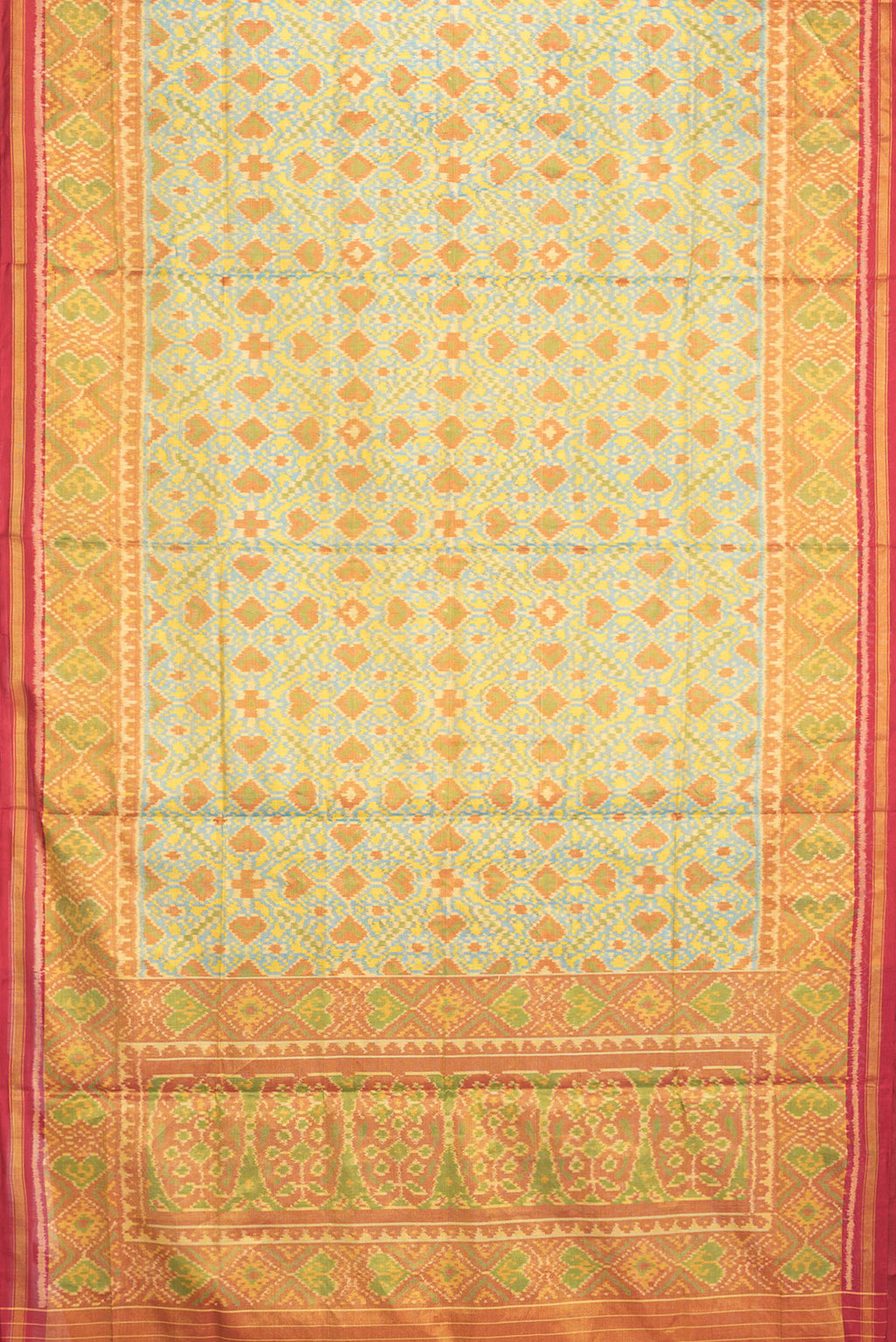 Flat view of Sky Blue Dual Tone Double Ikat Saree with Ikat Print on the body and Zari Border. 