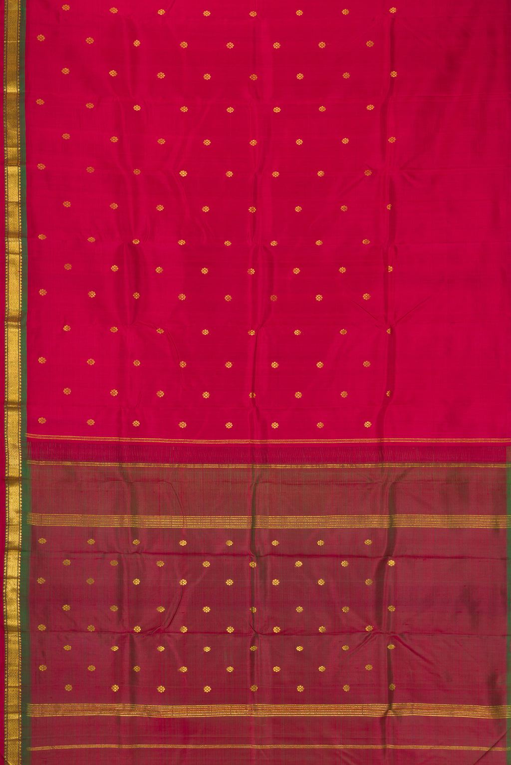 Flat view of Maroon Dual Tone Kanchipuram Silk Saree with Zari Butta on the body and Zari Border. 