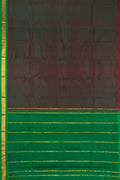 Bottle Green Dual Tone Kanchipuram Silk Saree with Plain Body and Zari Border.  displayed on a mannequin