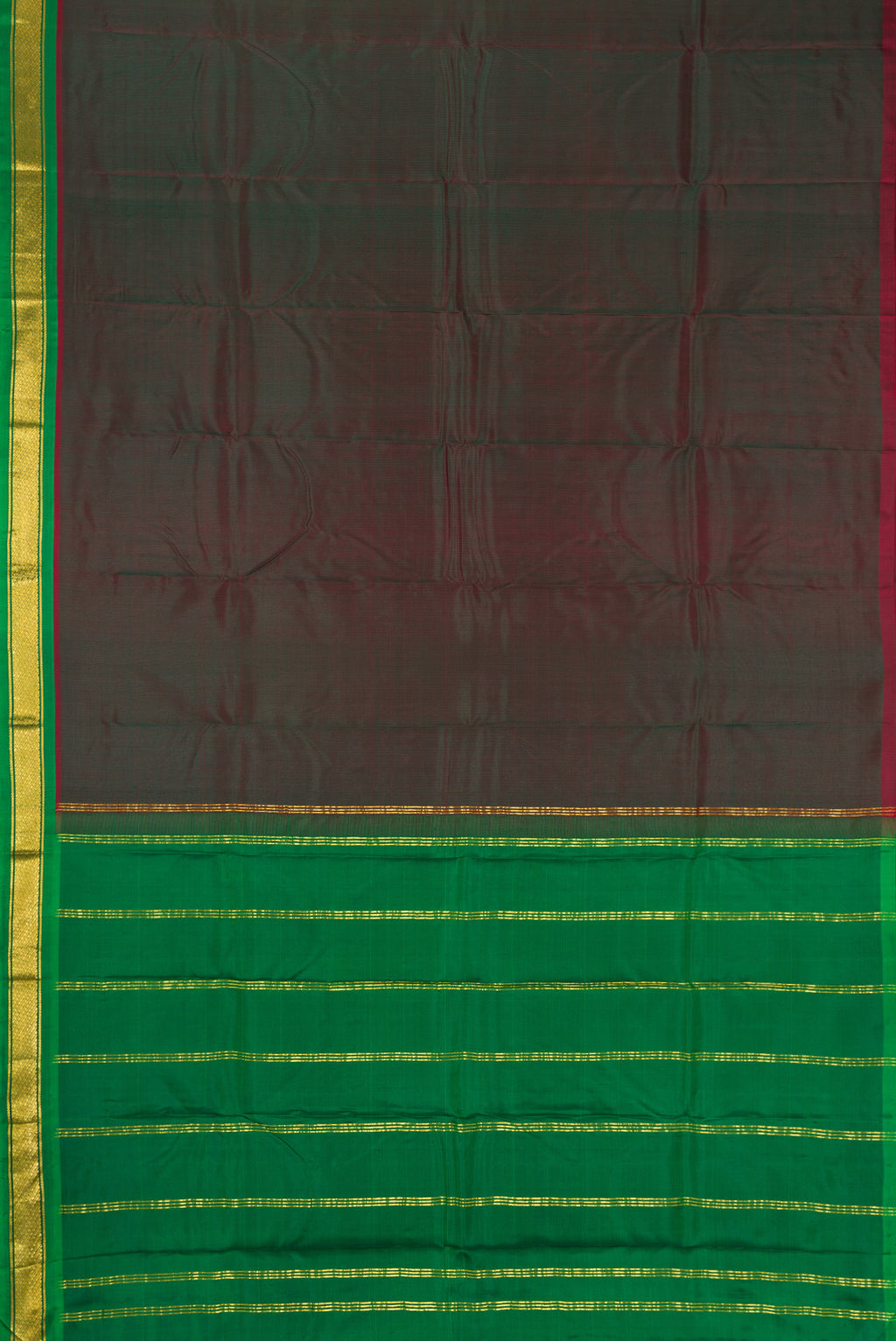 Flat view of Bottle Green Dual Tone Kanchipuram Silk Saree with Plain Body and Zari Border. 