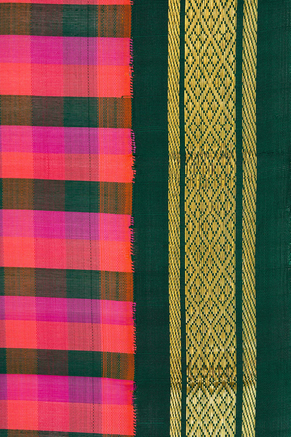 Border image of Bottle Green, Pink and Purple Color Kanjivaram Silk Saree with Checked design on the body and Zari Border. 