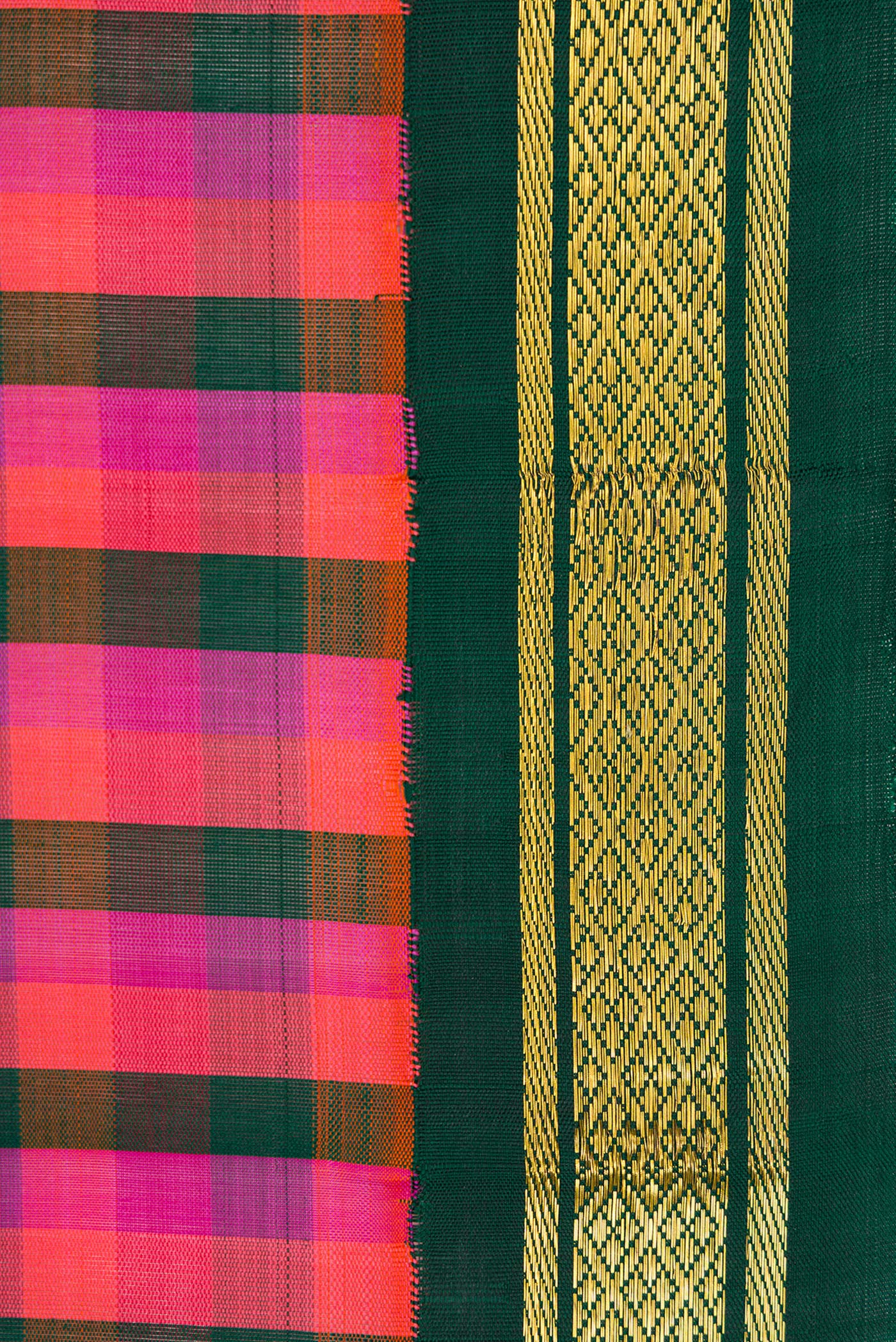 Border image of Bottle Green, Pink and Purple Color Kanjivaram Silk Saree with Checked design on the body and Zari Border. 