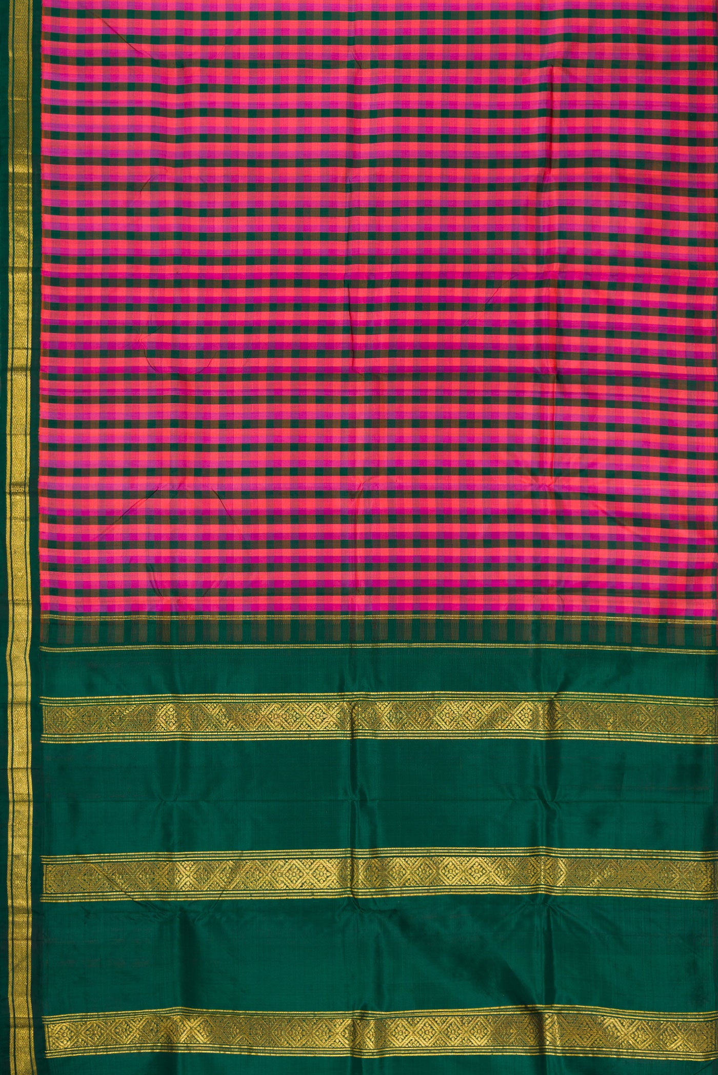 Bottle Green, Pink and Purple Color Kanjivaram Silk Saree with Checked design on the body and Zari Border.  displayed on a mannequin