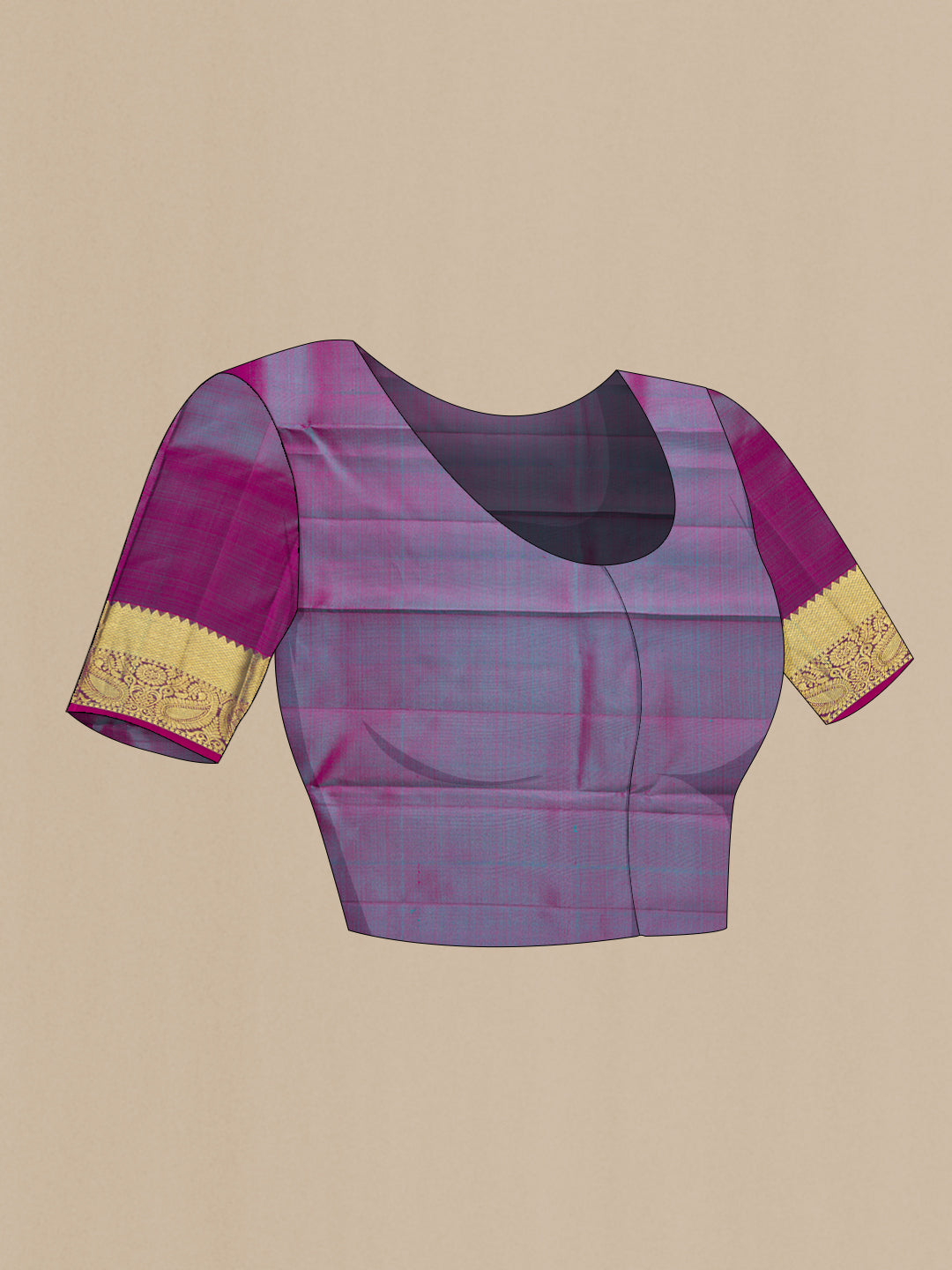 Close up image of the blouse of Sky Blue Dual Tone Kanjivaram Silk Saree with Zari Butta on the body and Zari Border. 