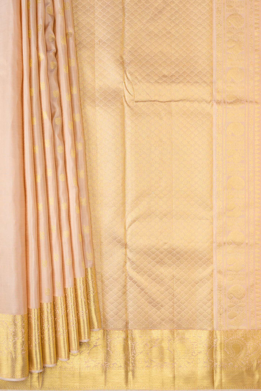 Pleats and pallu of Rose Gold Dual Tone Kanjivaram Silk Saree with Zari Butta on the body and Zari Border. 