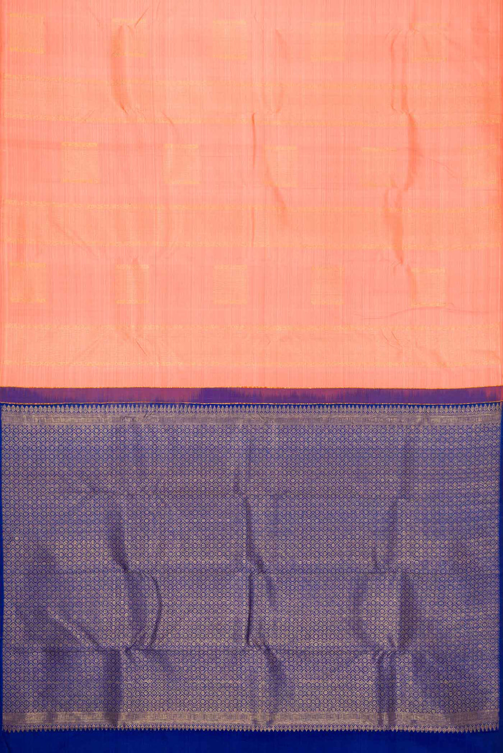 Flat view of Peach Dual Tone Kanjivaram Silk Saree with Zari Butta on the body and Without Border. 