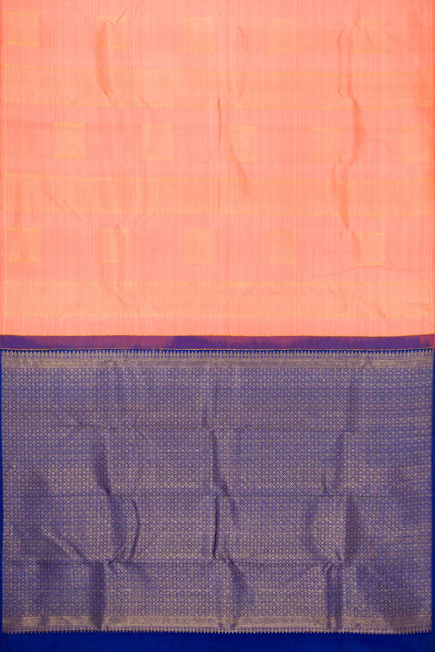 Flat view of Peach Dual Tone Kanjivaram Silk Saree with Zari Butta on the body and Without Border. 