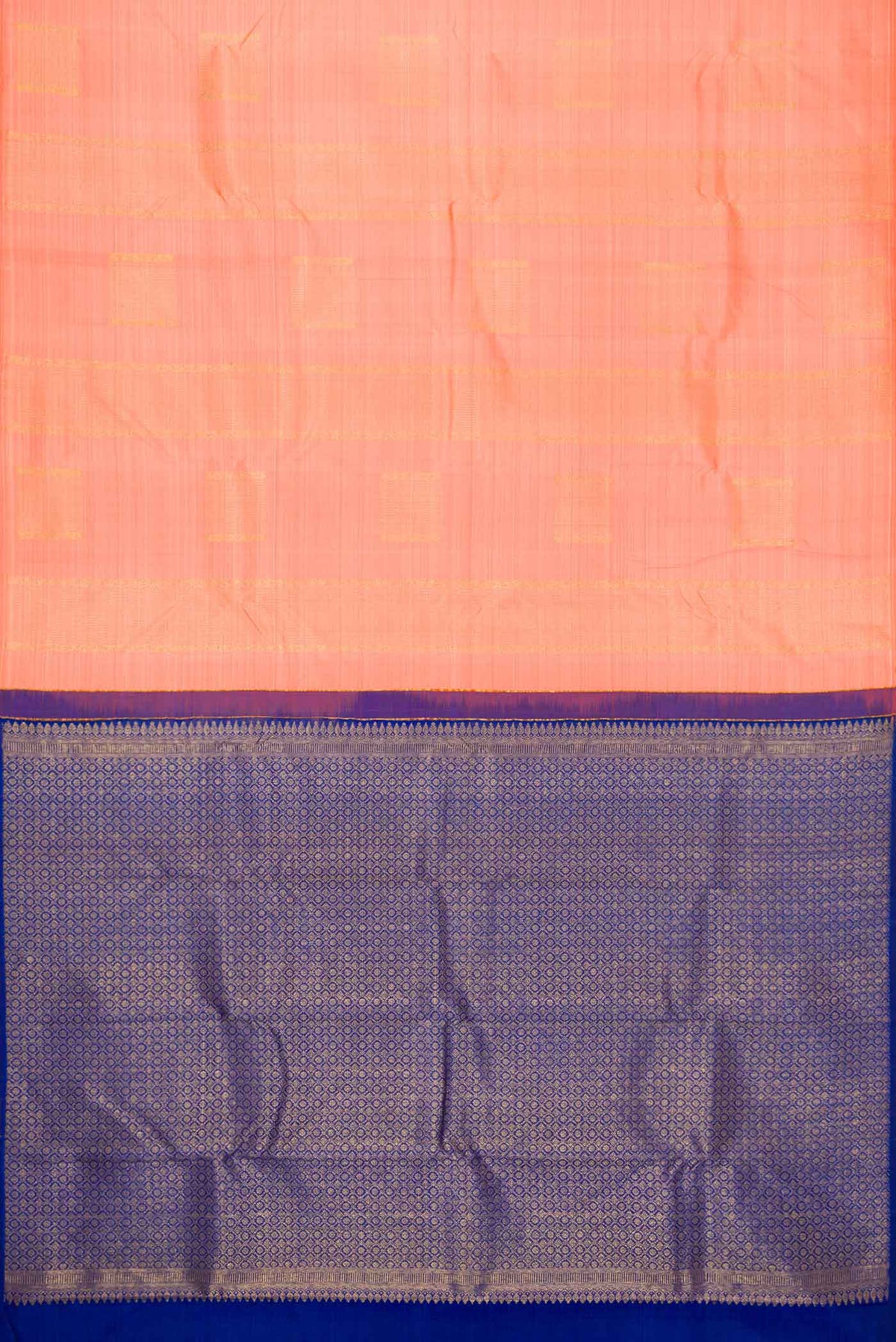 Flat view of Peach Dual Tone Kanjivaram Silk Saree with Zari Butta on the body and Without Border. 