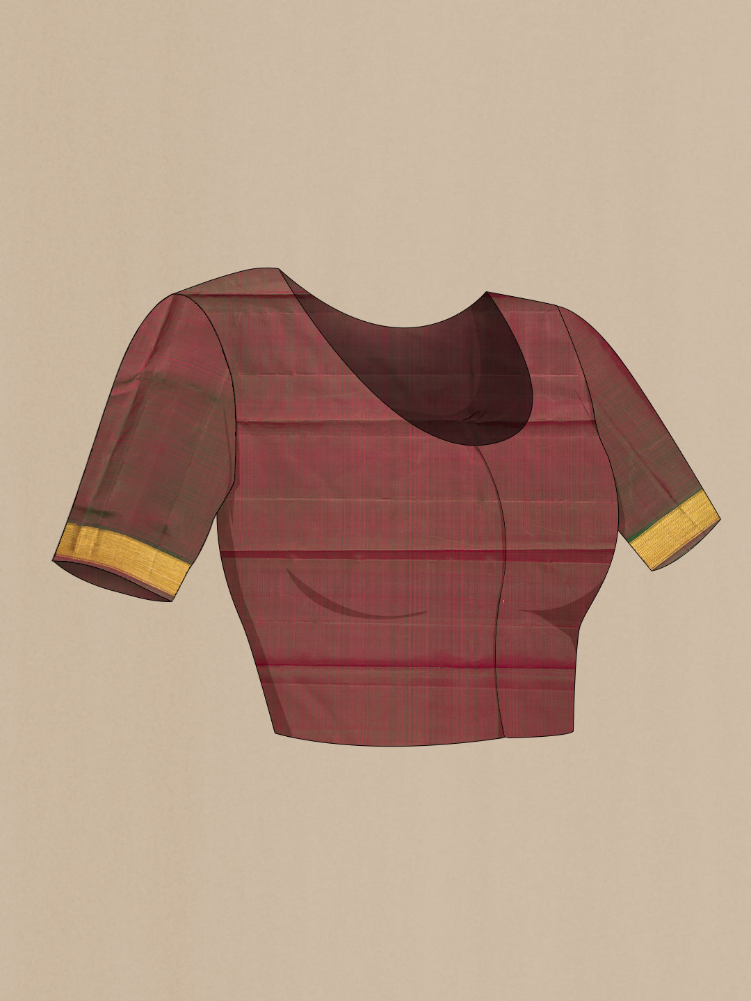 Close up image of the blouse of Maroon Dual Tone Kanjivaram Silk Saree with Plain Body and Zari Border. 