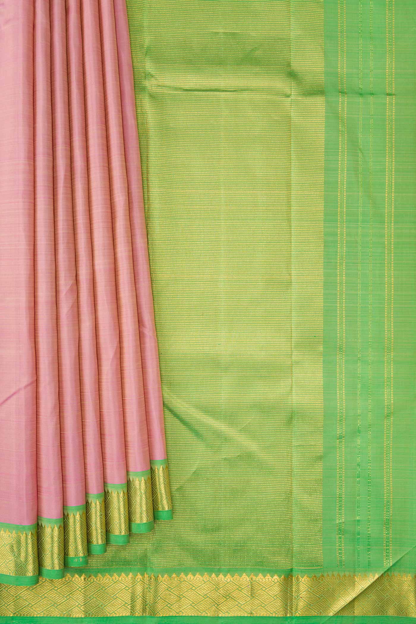 Pleats and pallu of Pink Dual Tone Kanjivaram Silk Saree with Plain Body and Zari Border. 