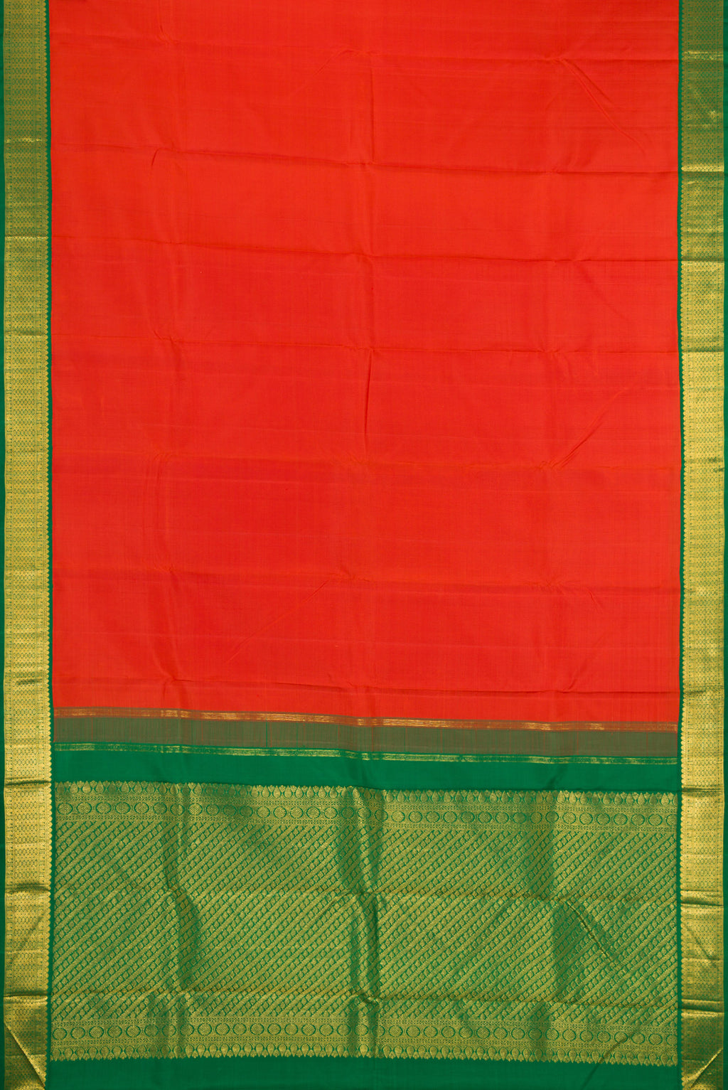 Flat view of Brick Orange Dual Tone Kanjivaram Silk Saree with Plain Body and Zari Border. 