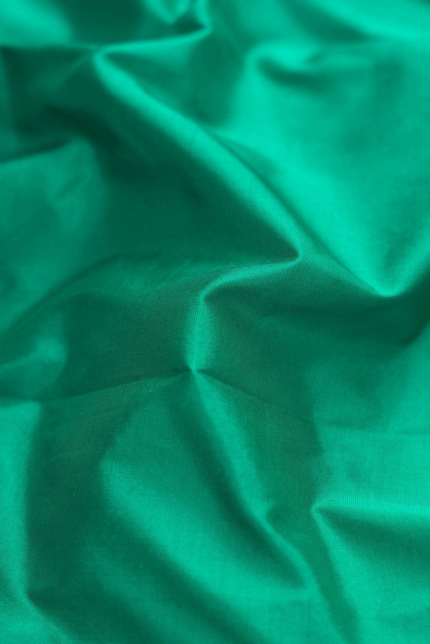 Close up of Green Bangalore Silk - kadyal Saree with Plain Body and Temple Border displaying folds