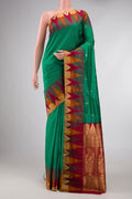 Green Bangalore Silk Saree with Zari Butta on the body and Temple Border displayed on a mannequin