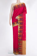 Pure Silk Red Bangalore Saree with Zari Butta on the body and Temple Border.  displayed on a mannequin