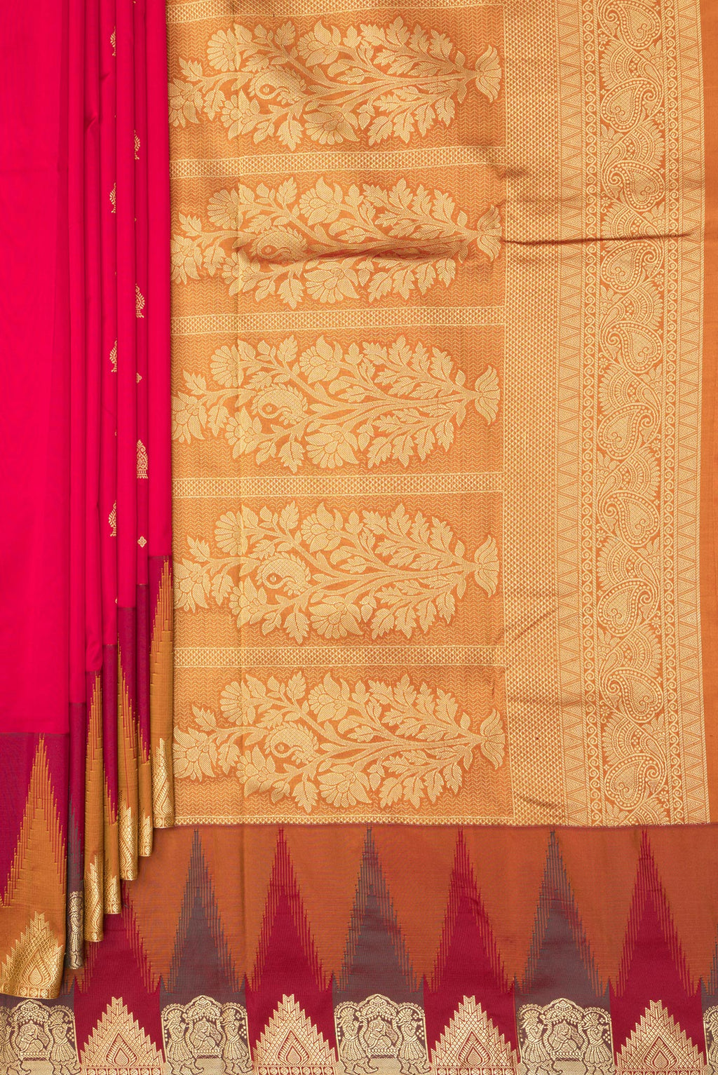 Pleats and pallu of Pure Silk Red Bangalore Saree with Zari Butta on the body and Temple Border. 