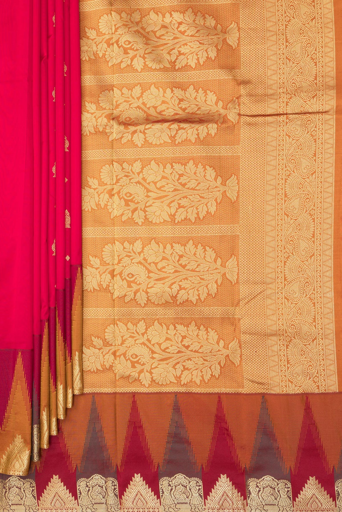 Pleats and pallu of Pure Silk Red Bangalore Saree with Zari Butta on the body and Temple Border. 