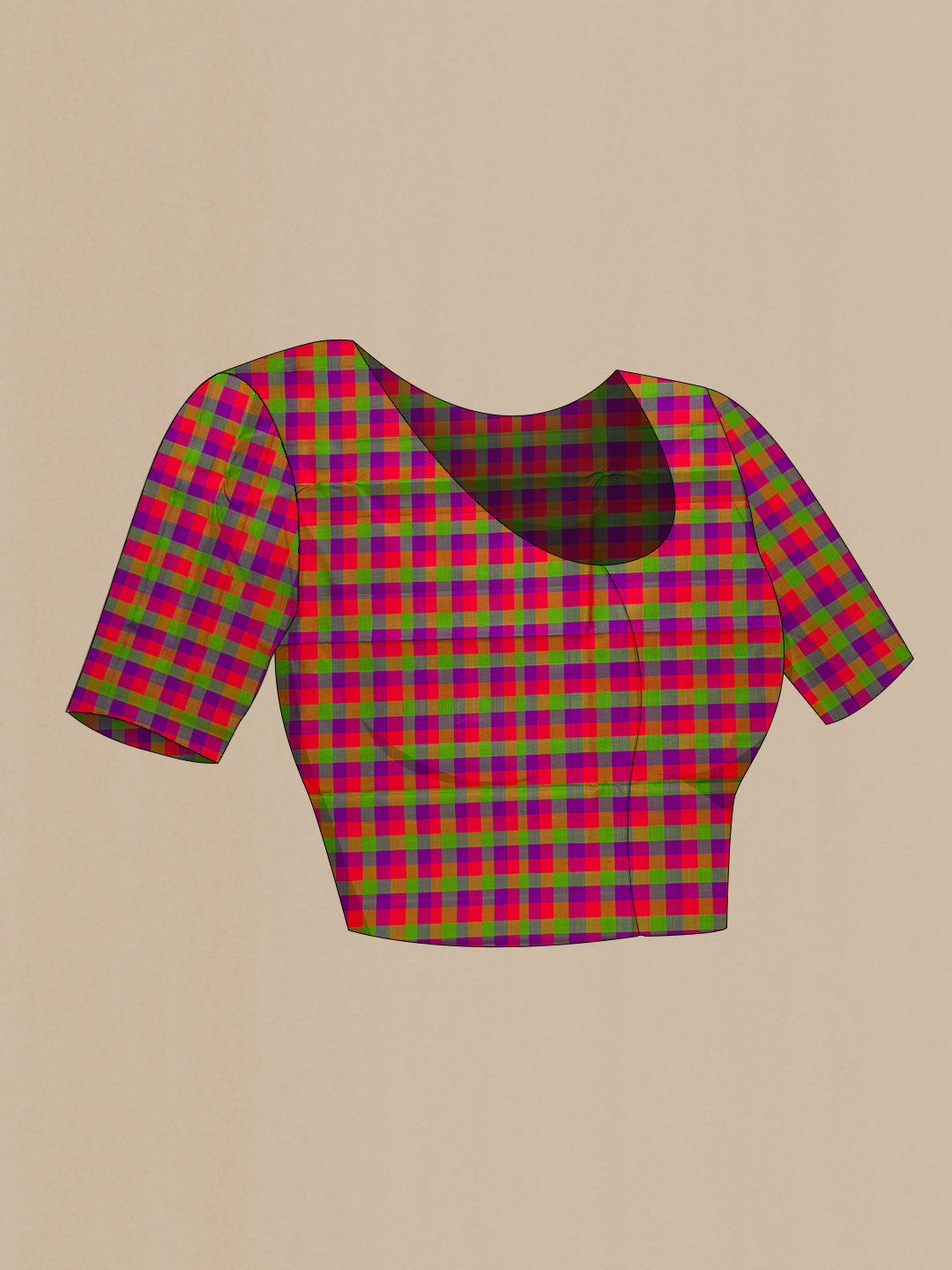 Close up image of the blouse of Sandal Dual Tone Kanjivaram Silk Saree with Plain Body and Checks Border. 