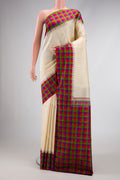 Sandal Dual Tone Kanjivaram Silk Saree with Plain Body and Checks Border.  displayed on a mannequin