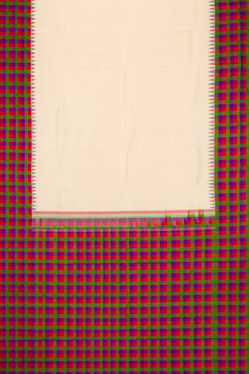 Flat view of Sandal Dual Tone Kanjivaram Silk Saree with Plain Body and Checks Border. 