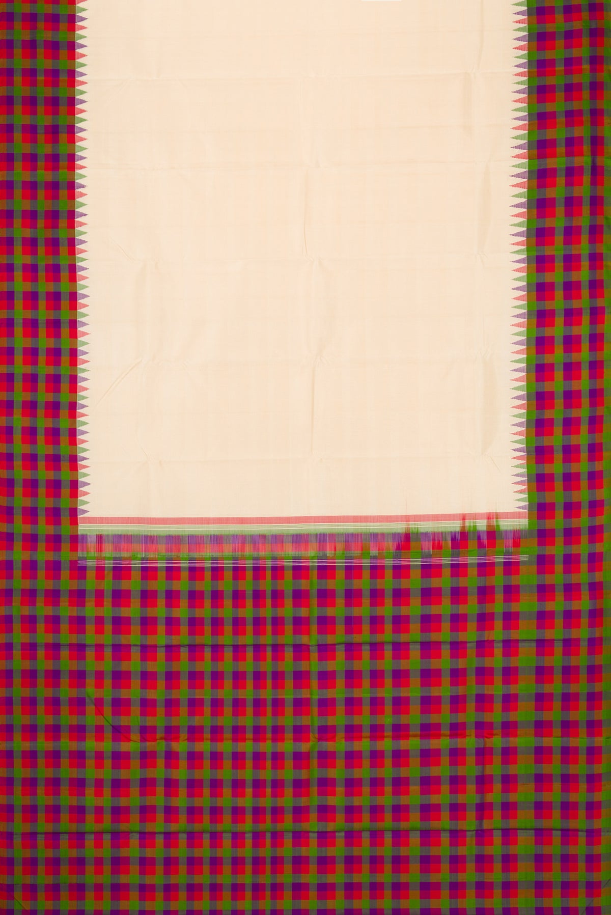 Flat view of Sandal Dual Tone Kanjivaram Silk Saree with Plain Body and Checks Border. 
