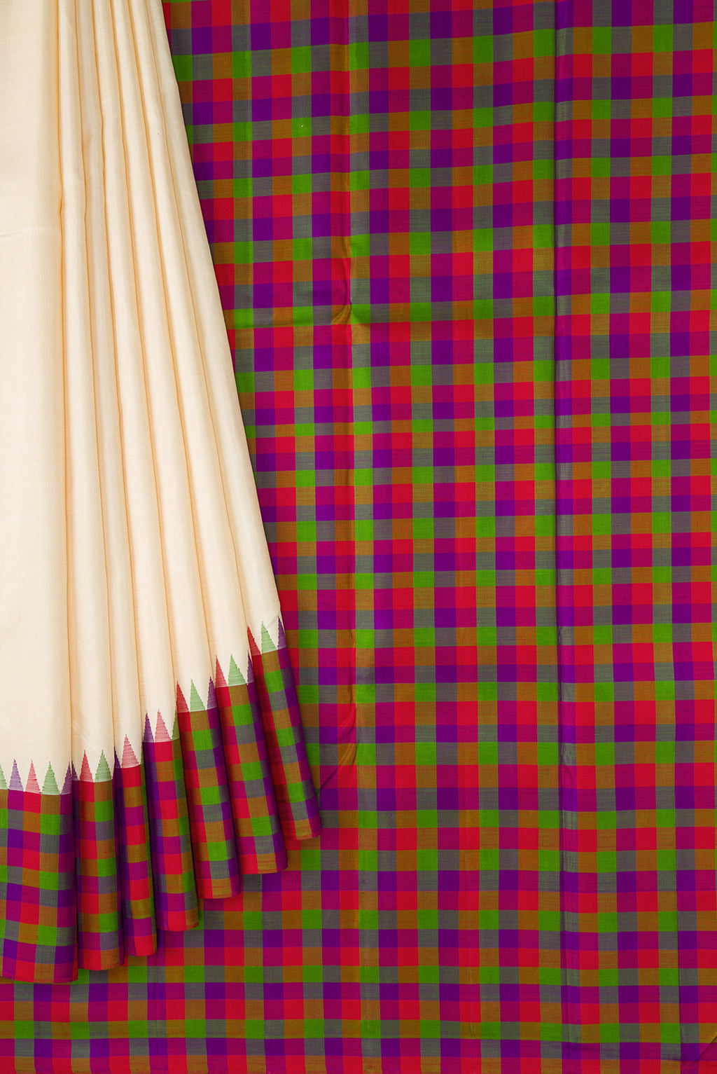 Pleats and pallu of Sandal Dual Tone Kanjivaram Silk Saree with Plain Body and Checks Border. 