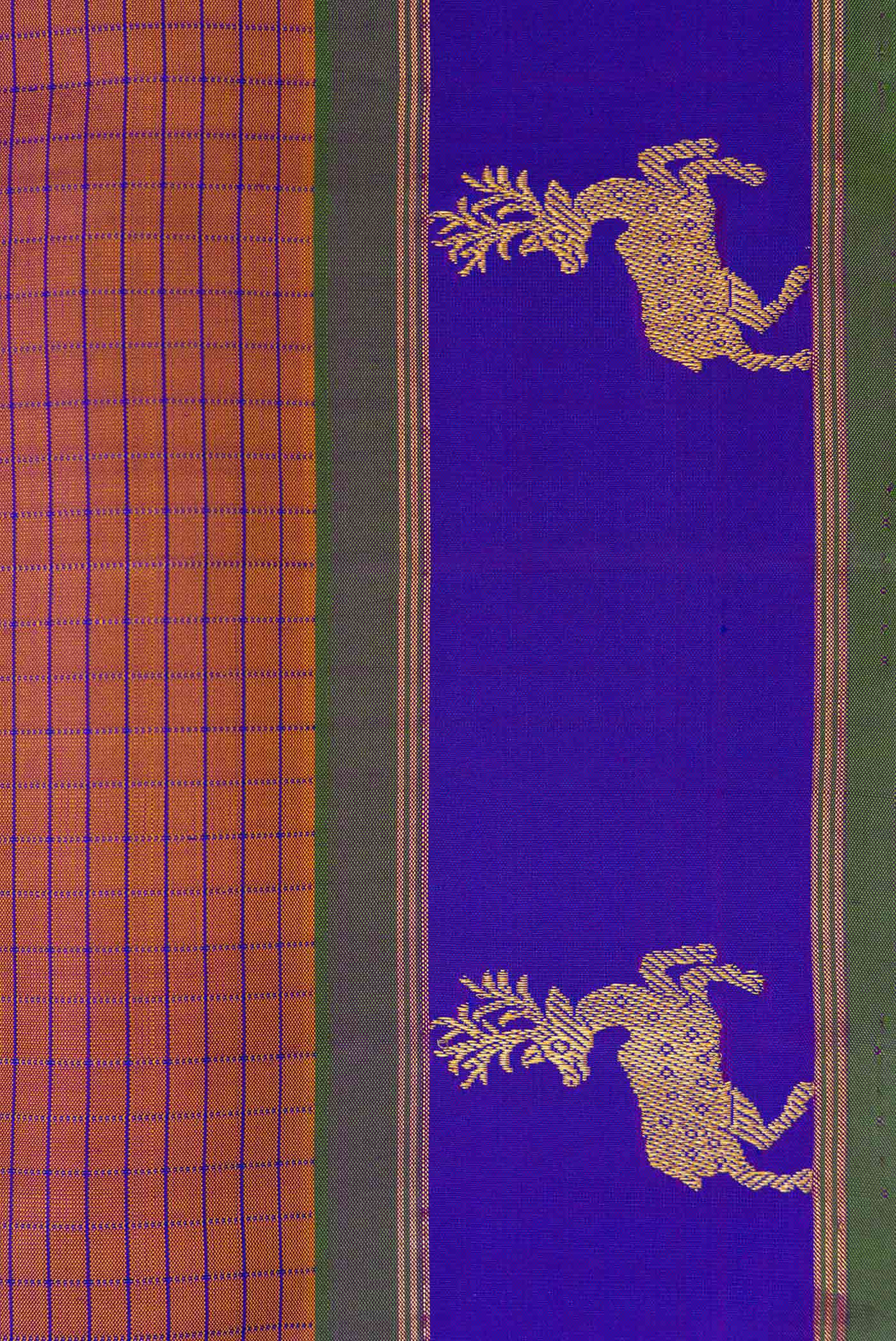 Border image of Brown Dual Tone Kanchipuram Silk Saree with Checked design on the body and Fancy Border. 