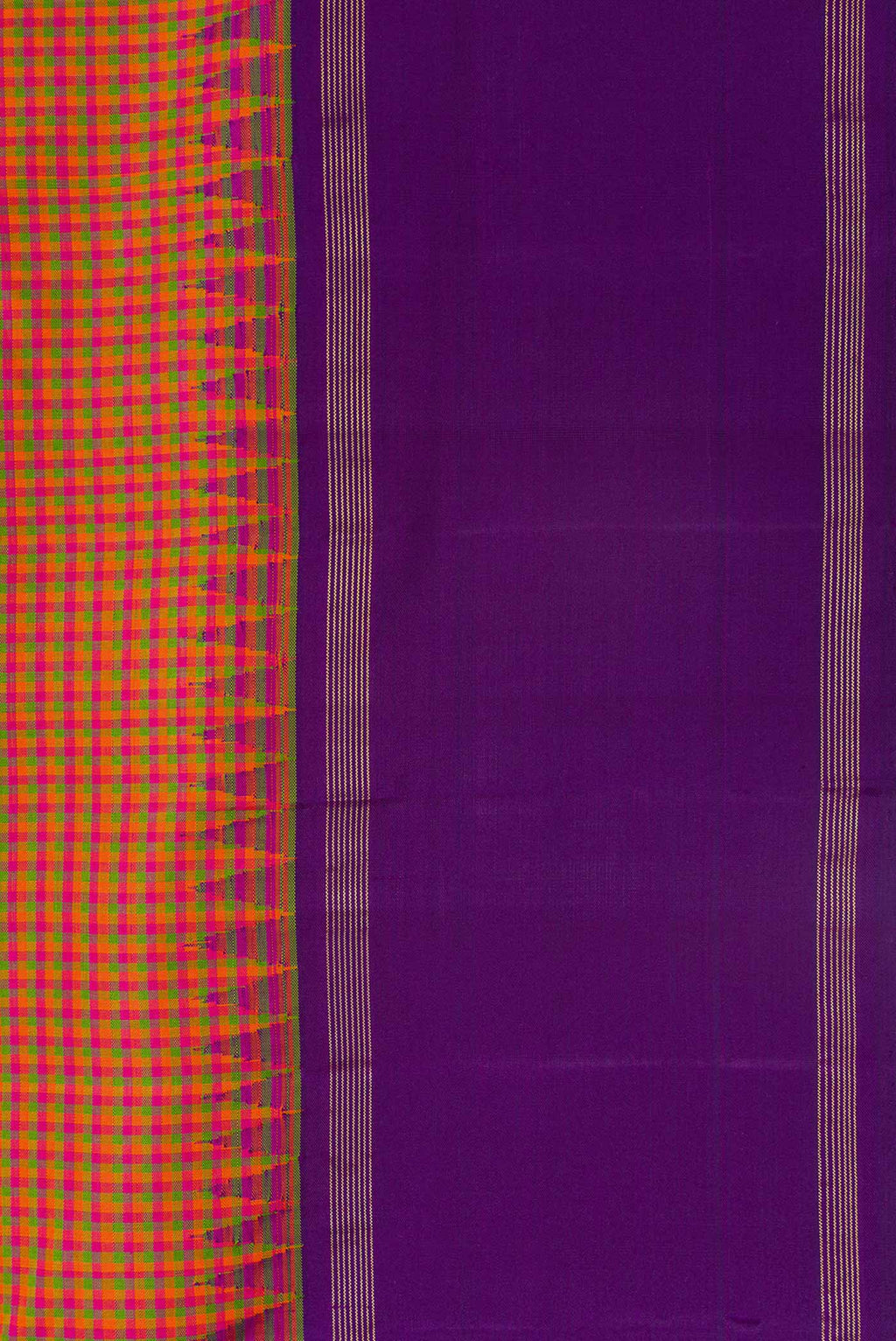 Border image of Pink, Green and Orange Color Kanjivaram Silk Saree with Checked design on the body and Zari Border. 