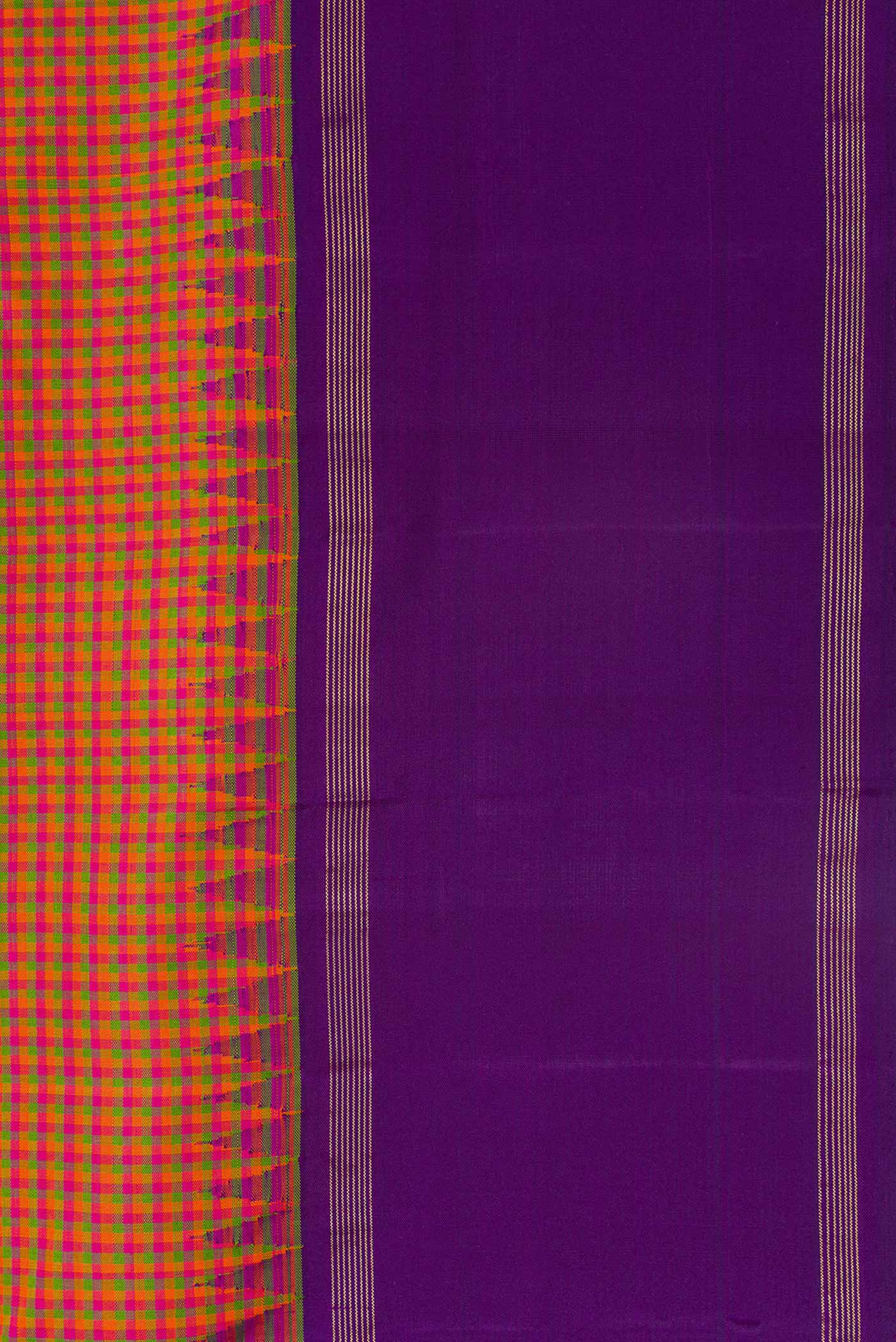 Border image of Pink, Green and Orange Color Kanjivaram Silk Saree with Checked design on the body and Zari Border. 